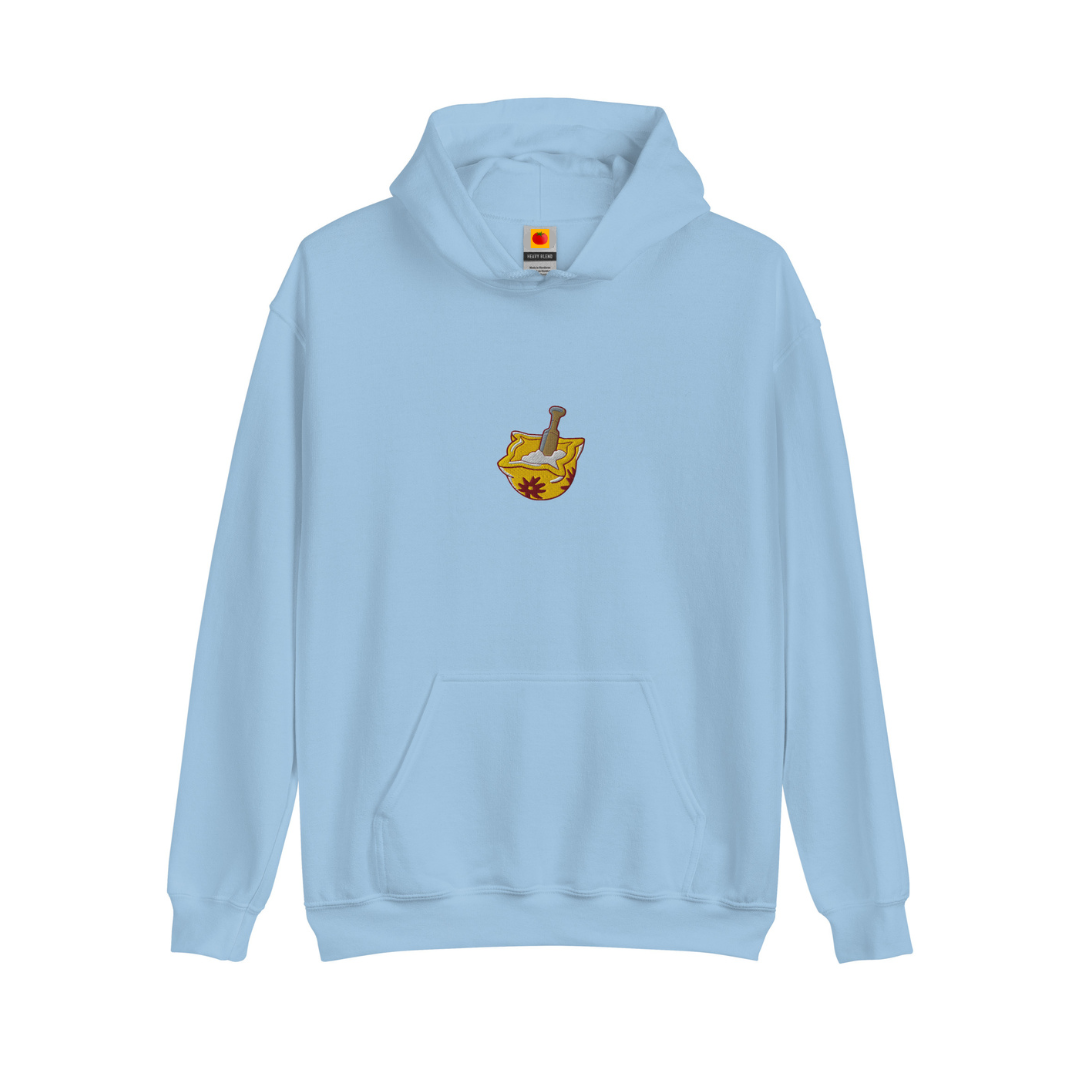 Dessuadora brodada amb morter d’allioli – blau cel - Tot Queda en Família