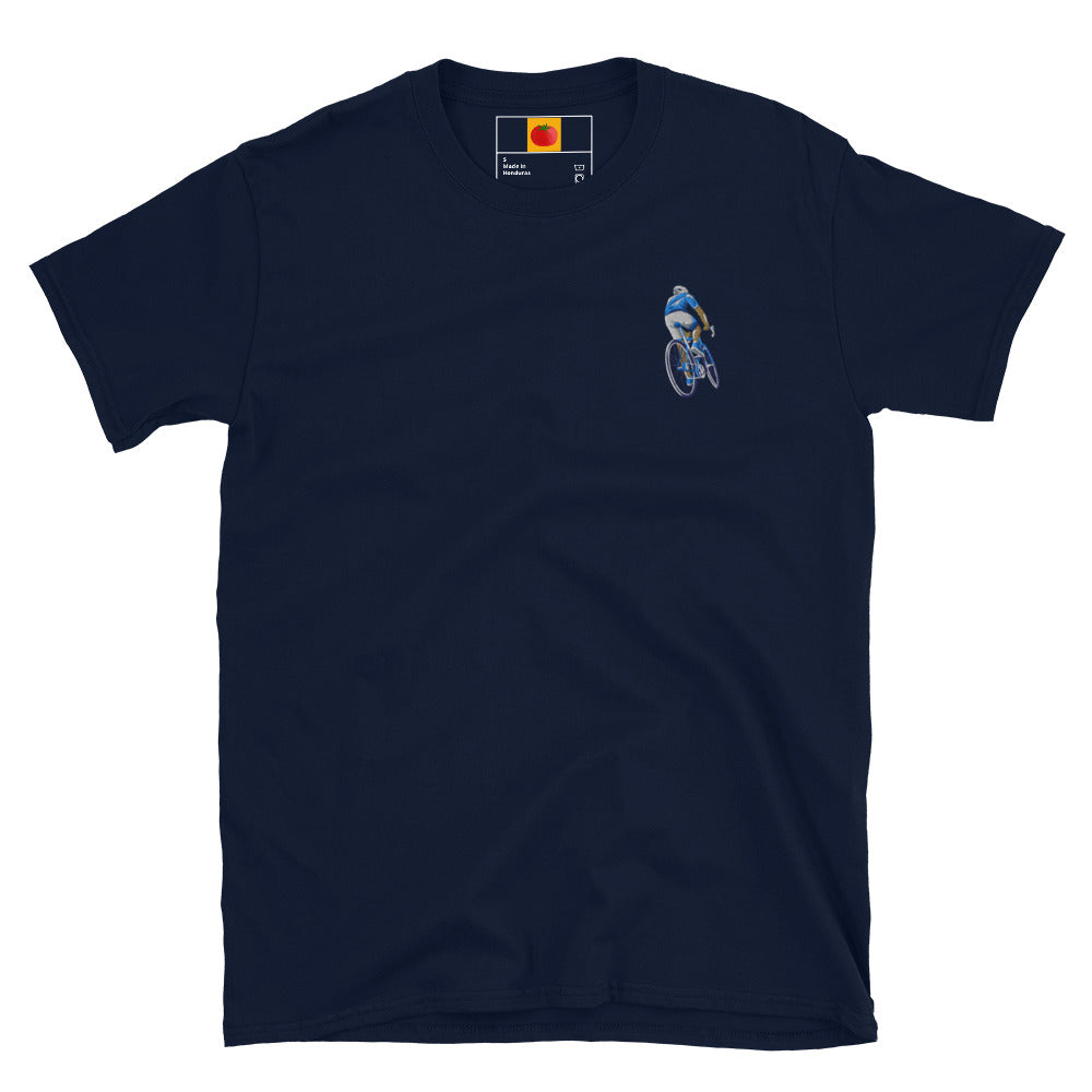 Samarreta ciclista blau unisex amb brodat ciclista en bici – roba catalana